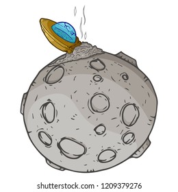 UFO on the planet. Vector of a UFO crash in space. Hand drawn cartoon ufo on the moon.