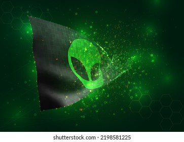 UFO, on vector 3d flag on green background with polygons and data numbers