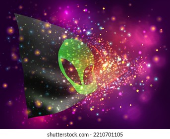 UFO, on vector 3d flag on pink purple background with lighting and flares