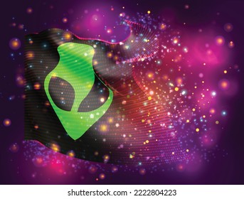 UFO, on vector 3d flag on pink purple background with lighting and flares