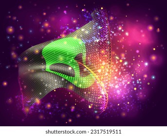 UFO, on vector 3d flag on pink purple background with lighting and flares