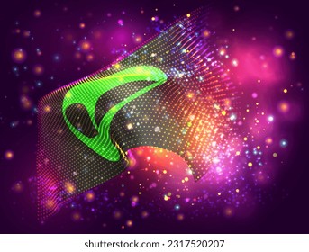 UFO, on vector 3d flag on pink purple background with lighting and flares