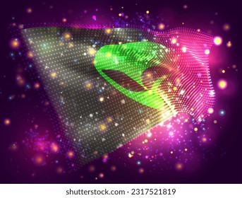 UFO, on vector 3d flag on pink purple background with lighting and flares