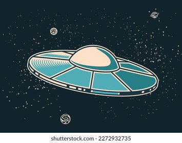 UFO in open space, alien space ship, extraterrestrial flying saucer, ufo disk in cosmos, vector