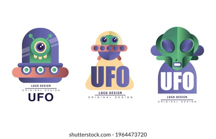 Ufo Original Logo Design Set, Badges with Alien Spaceship Flat Vector Illustration