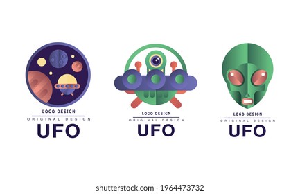 Ufo Original Logo Original Set, Futuristic Badges with Alien Spaceship Flat Vector Illustration