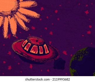 UFO in outer space near planet Earth. Cartoon textured creative universe vector illustration with copy space