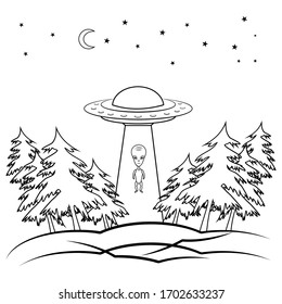 UFO. Outline flying spaceship with alien. UFO in night sky inside black forest in outline style. Flying saucer. Alien space ship, isolated on white background. Vector
