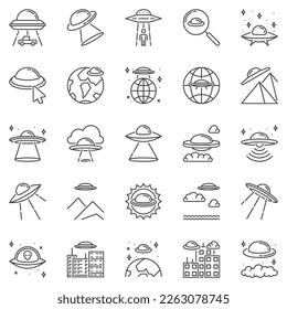 UFO Outline icons set - Unidentified Flying Object and Flying Saucer concept linear vector symbols