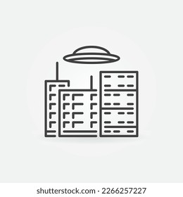 UFO over the City Buildings vector concept linear icon or symbol