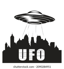 UFO over city silhouette, alien space ship, extraterrestrial flying saucer, ufo disk, vector