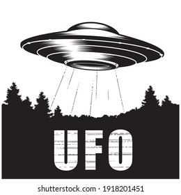 UFO over forest, alien space ship with ray of light, extraterrestrial flying saucer, ufo disk, vector