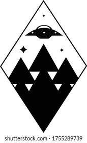 UFO over the forest at night. Illustration in graphic style.