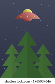 UFO over the forest at night. Illustration in flat style.