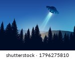UFO over the night forest landscape. Flying saucer, vector illustration.	