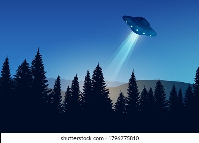 UFO over the night forest landscape. Flying saucer, vector illustration.	