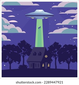 UFO over the night forest landscape. Flying saucer, vector illustration.