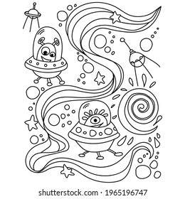 UFO page with funny characters and ornate patterns, outline page for kids activity on a space theme vector illustration