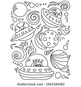 UFO page raskaska, funny flying devices with aliens in outer space with planets and stellar objects vector illustration