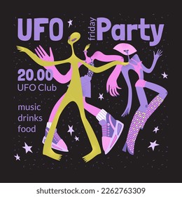 UFO party. Vector banner template for an event in the style of the nineties with a funny couple and an alien. Flat style illustration