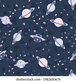 Ufo pattern with , asteroids, space. Seamless space background with stars, galaxy, universe and satellite, planets and meteors. For fabrics and textiles for baby, children, kid. Vector illustration. 