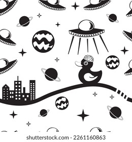 UFO pattern with duck, white background. Vector image. Seamless. Black and white image