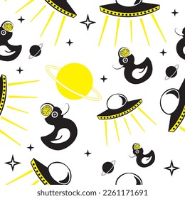 UFO pattern with duck, white background. Vector image. Seamless. Color black white with yellow