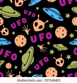 UFO pattern. Flying Saucer, Saturn, Alien and the Moon.