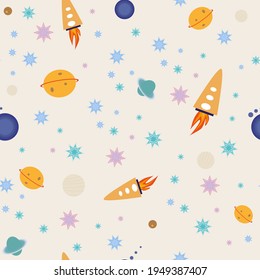 UFO pattern for kids. Rockets, stars and planets for children. Space background. Universe, galaxy and meteorites, asteroids. Seamless background for baby.