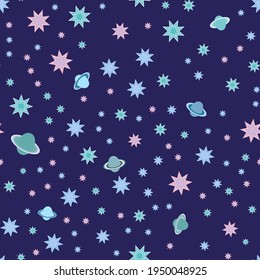 UFO pattern for kids. Rockets, stars and planets for children. Space background. Universe, galaxy and meteorites, asteroids. Seamless background for baby.