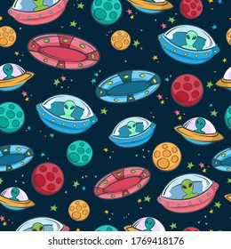 UFO pattern seamless. Space colored ships with green aliens mysterious stars with planets armada of alien travelers in starships flies vector space.