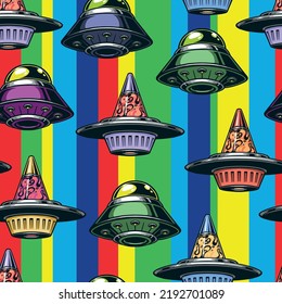 UFO pattern seamless vintage colorful flying saucers Martians in front of rainbow lines incredible space aliens in air vector illustration