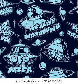 UFO pattern seamless vintage colorful with mysterious aliens flying in space among planets on futuristic unidentified spaceships vector illustration