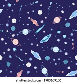 Ufo pattern with star, asteroids and space. Seamless space background with stars, galaxy, universe and satellite, planets and meteors. For fabrics and textiles for baby, children, kid. Vector