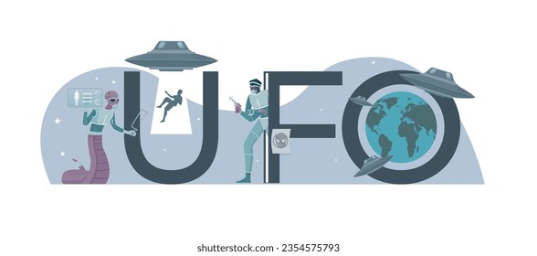 Ufo Composición plana de personas con texto e íconos de personas secuestradas extraterrestres tierra y platillos voladores ilustración vectorial