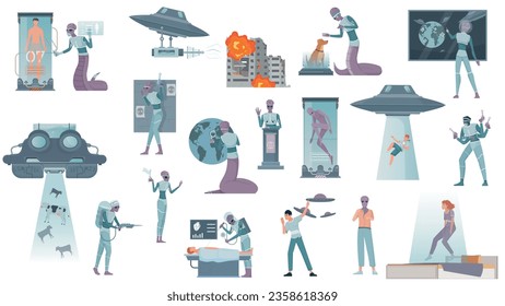 UFO people icons set with alien symbols flat isolated vector illustration