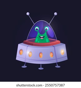 UFO personage floating in space, isolated space invader character. Vector alien in saucer with lights and antennas. Extraterrestrial creature flying in spacecraft, galactic creature in ship