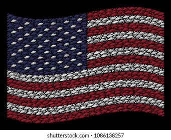UFO pictograms are combined into waving United States flag stylization on a dark background. Vector composition of USA state flag is organized from UFO items.