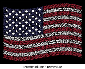 UFO pictograms are organized into waving United States flag mosaic on a dark background. Vector collage of USA state flag is designed of UFO items. Designed for political and patriotic collages.