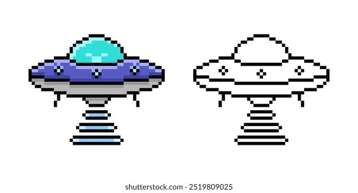 UFO in Pixel Art. Flying saucer in retro style. Vector illustration