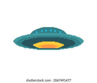 UFO pixel art. pixelated Flying Saucer isolated. 8 bit unknown flying object vector illustration