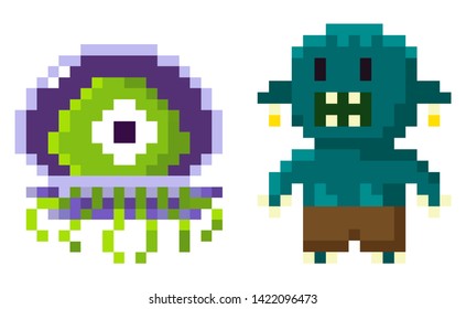 Ufo pixel character, game hero on white, troll monster with teeth, portrait and full length view of cosmic sign and monstrosity, extraterrestrial symbol vector, pixelated 8 bit game