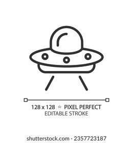 Ufo pixel perfect linear icon. Unidentified flying object. Extraterrestrial life. I want to believe. Outer space. Thin line illustration. Contour symbol. Vector outline drawing. Editable stroke