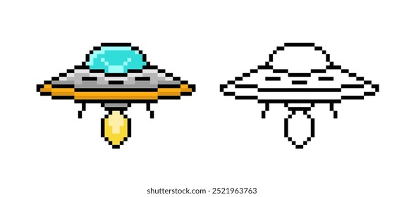 UFO in Pixel Style. Flying saucer. Vector illustration