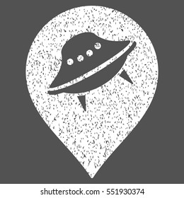 Ufo Place grainy textured icon for overlay watermark stamps. Flat symbol with scratched texture. Dotted vector white ink rubber seal stamp with grunge design on a gray background.