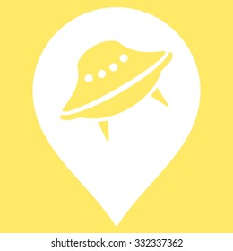 Ufo Place vector icon. Style is flat white symbol, rounded angles, yellow background.