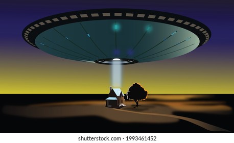 UFO plane flying over house in an empty lot at dusk. Unidentified Flying Object on earth and fiction scapeship illustration. A house is visited by alien planes