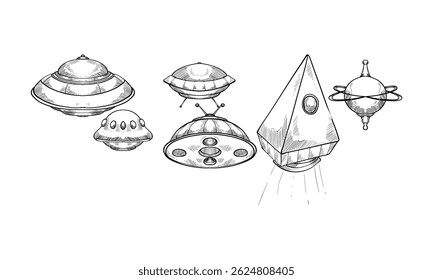 UFO plane handdrawn engraving doodle collection