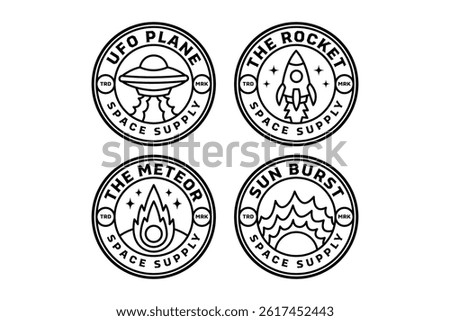 ufo plane with laser, rocket spaceship launcher, meteor, comet, sun burst space outline modern illustration badge logo design set for astronautic, science, galaxy, space, adventure, kids merchandise