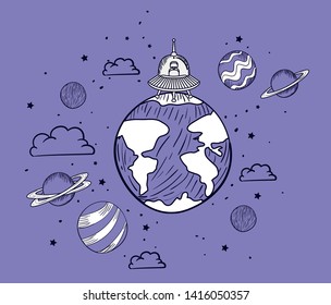 Ufo and planet draw design